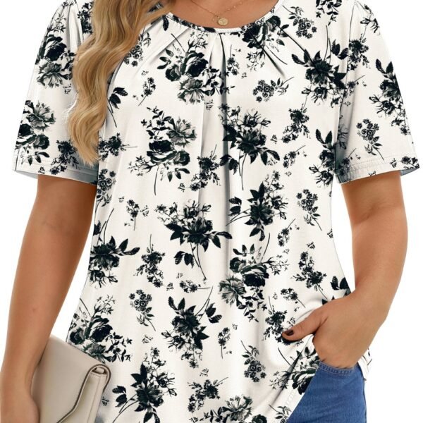Fantaslook Dressy Blouses for Women Pleated Short Sleeve Tunic Tops Casual Floral Shirts