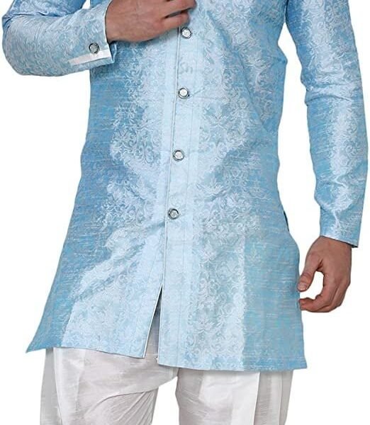 Royal Kurta Men's Jacquard Silk Indo-Western Sherwani (Medium, Exotic Blue)